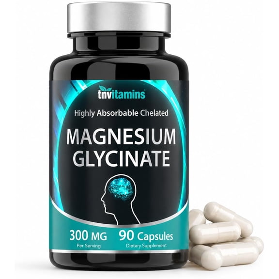 TNVitamins Magnesium Glycinate 300mg Capsules Chelated Bisglycinate Form Dietary Supplements for Muscle and Nerve Function Sleep Support, 90 Count