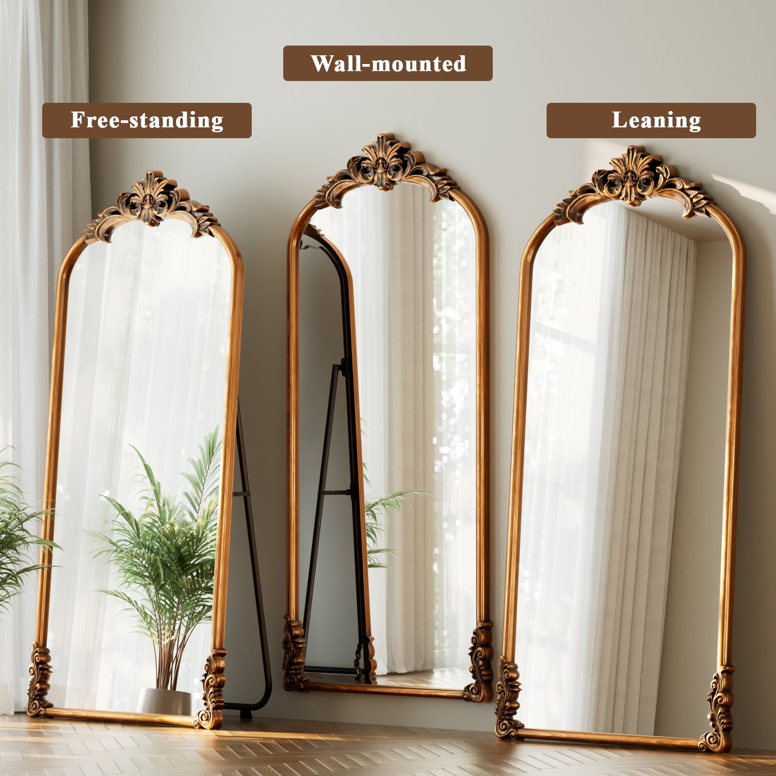 Easy4Home 71"x32" Arched Full-Length Floor Mirror Smooth Arch Top Floral Crest Standing Mirror, Antique Gold