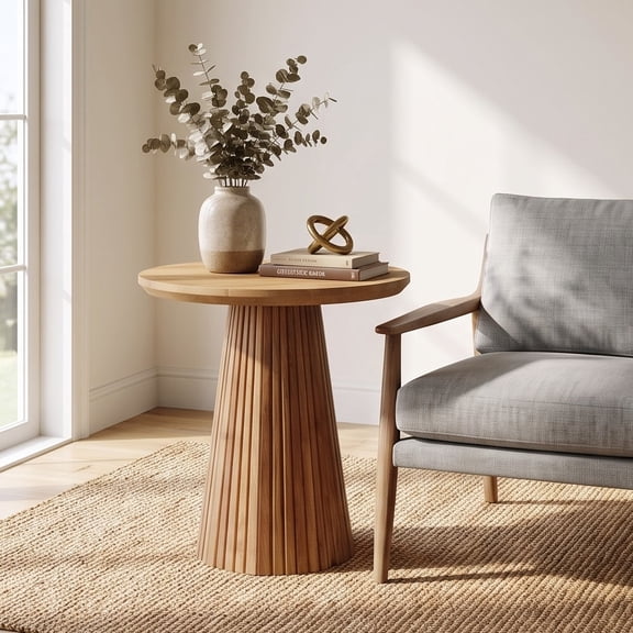 Fnova 19.69‑Inch Round Side Table, Solid‑Wood Tabletop, Fluted Conical Pedestal Base, Accent End Table For Living Room, Foyer, Bedroom