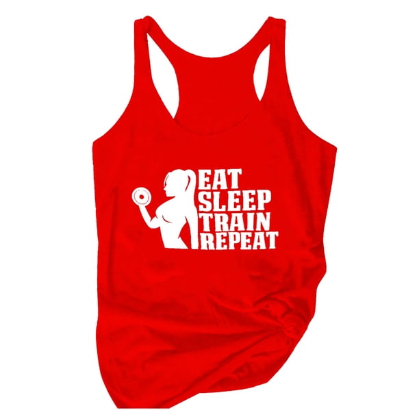 Gibobby Eat Sleep Train Repetidamente Mujeres Racerback Tank Regalo para niñas Motivational Gym Tank Top Entrenamiento de levantamiento de pesas divertido(Rojo,M)