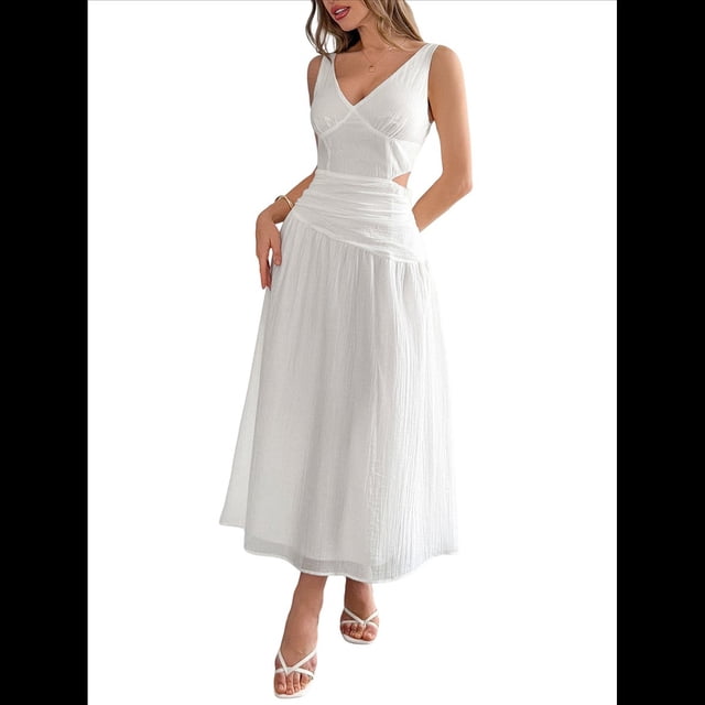 Vestido Informal de Verano Sin Mangas para Mujer, con Escote en V, Arrugas y Espalda Descubierta, para Fiesta S