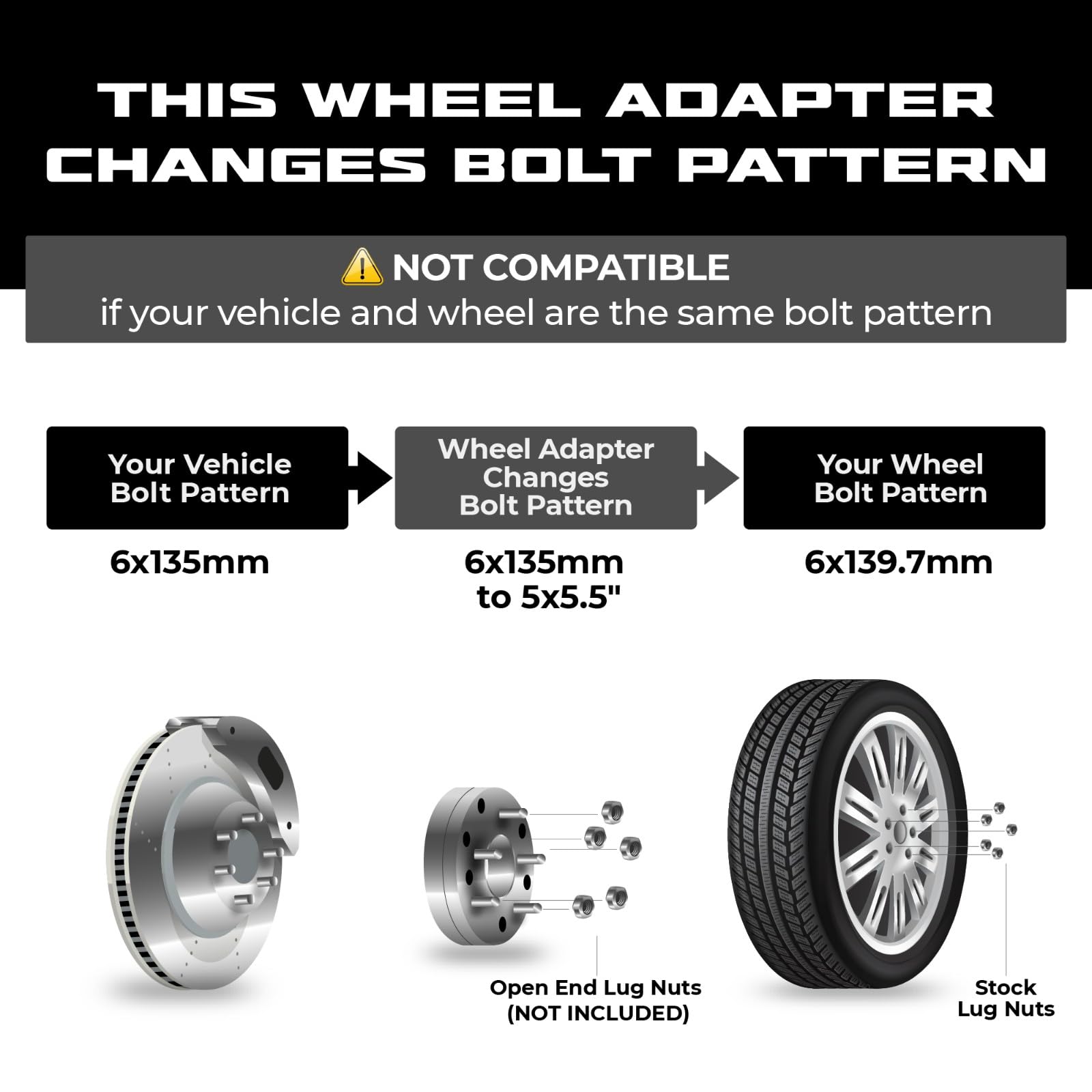 LNG 2" Wheel Spacers Adapters Convert 6x135 To 5x5.5 (5x139.7) – 1/2-20 Studs – Billet Aluminum Pair