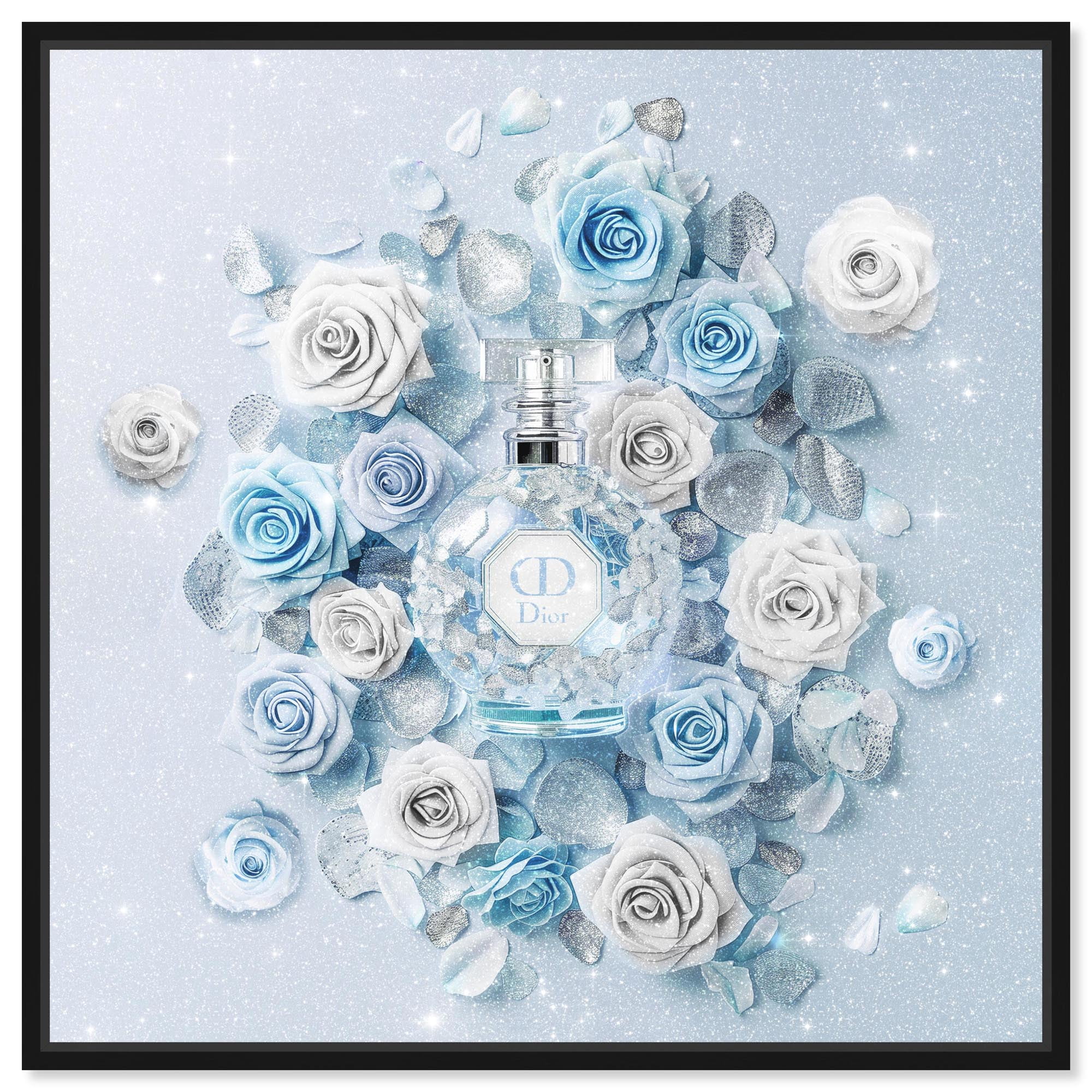 Sparkling Floral Perfume Delicate Blue II Canvas Glam Art Prints by Art Remedy, Black Frame, 12 x 12