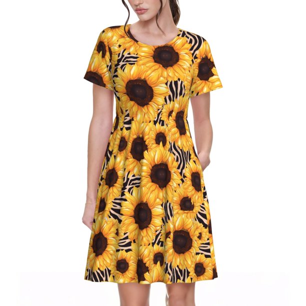 Easygdp Artistic Zebra Print Sunflower para Vestido Transpirable de Mujer, Vestido Suelto de Manga Corta con Pliegues y Bolsillos para el Verano