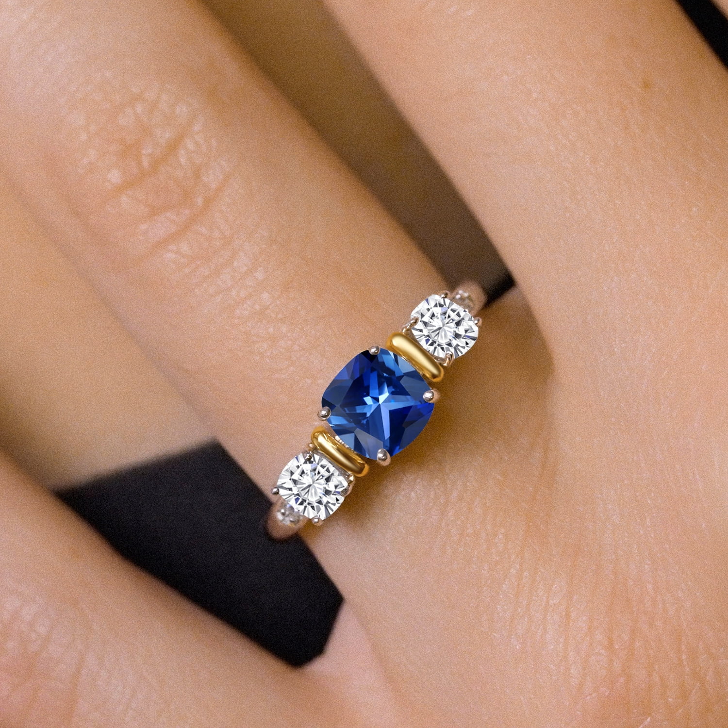 925 Sterling Silver and 10K Yellow Gold Blue Created Sapphire and White Moissanite 3 Stone Engagement Ring for Women (1.64 Cttw, Cushion Cut 6MM and 4MM, Available in Size 5, 6, 7, 8, 9)