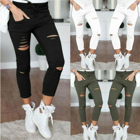 Multitrust Women's Ripped Jeans Denim Pencil Pants High Waist Stretch Long Trousers (Best Place To Get High Waisted Jeans)