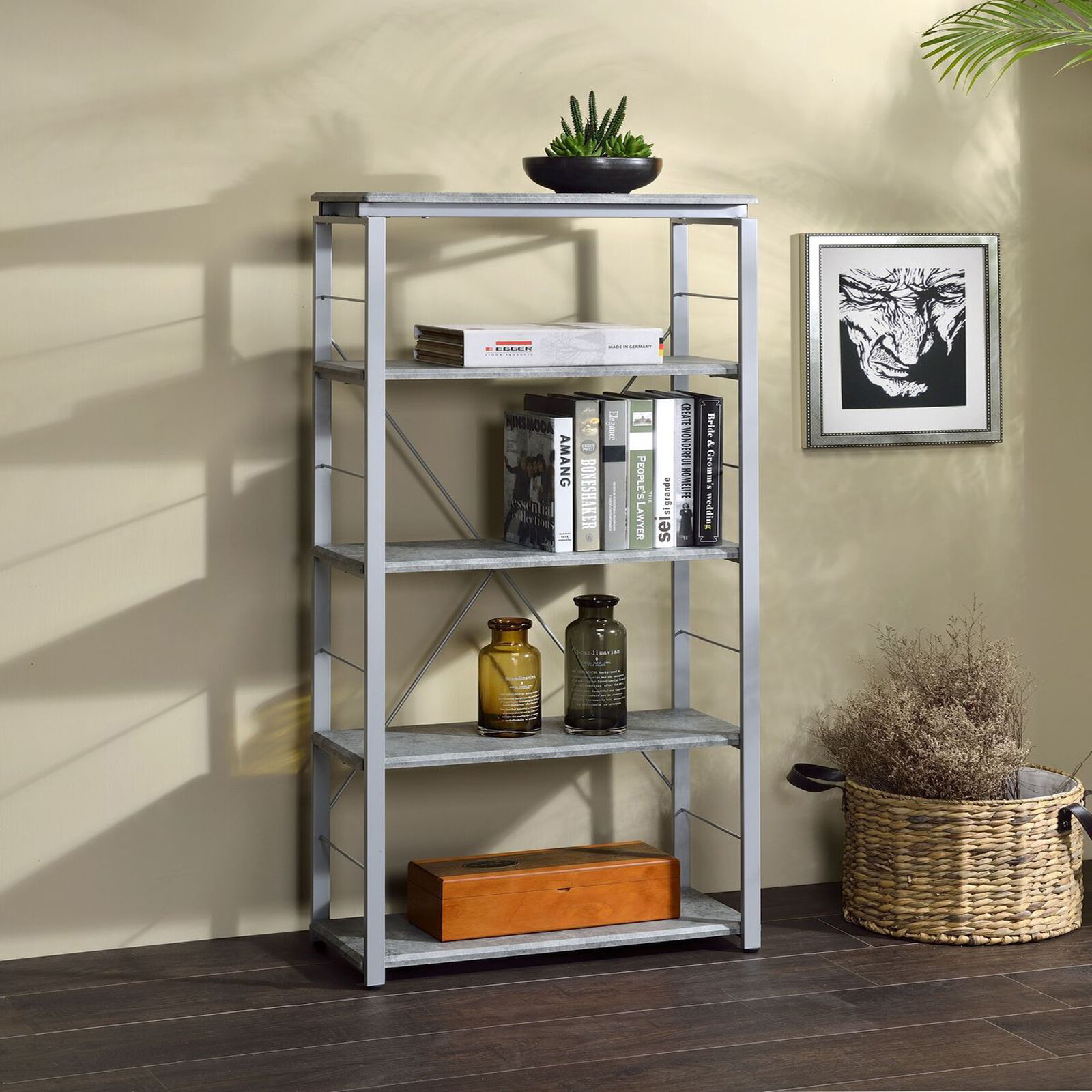 OVERDRIVE 5 Wooden Shelves Tall Bookshelf, Standard Metal Bookcase