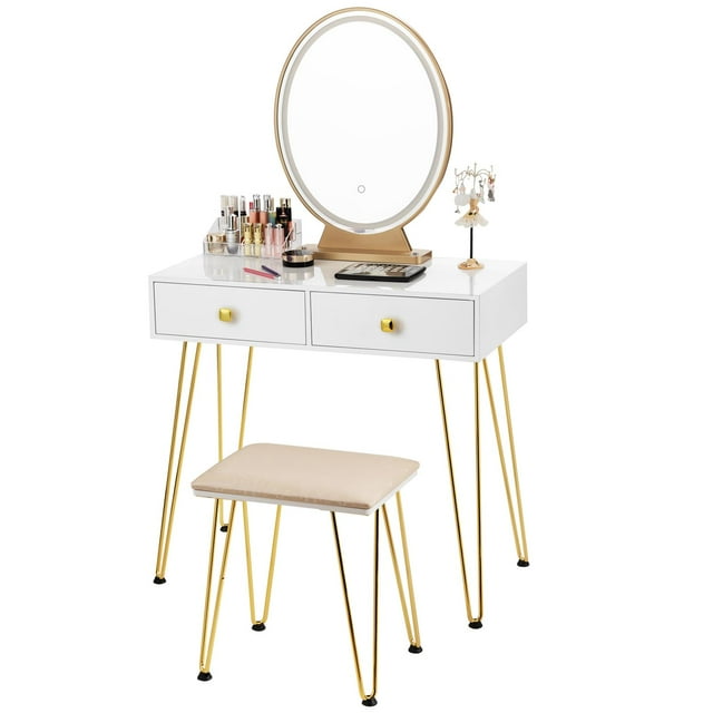 Giantex Vanity Table Set, Makeup Dressing Table w/3-Color Touch Screen Dimming Mirror, Additional Storage Organizer, Brown