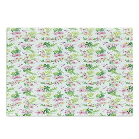 Luau Cutting Board, Hawaiian Flower Hibiscus with Exotic Green Leaves and Birds Botany Print, Decorative Tempered Glass Cutting and Serving Board, Large Size, Pale Pink Yellow Green, by Ambesonne