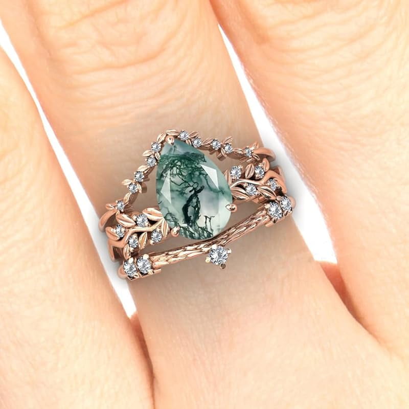Natural Moss Agate Sterling Silver Rings Set - Leaf Art Deco Hexagon/Pear Moss Agate Engagement Wedding Promise Rings Set - Vintage Unique Bridal Ring Set for Women