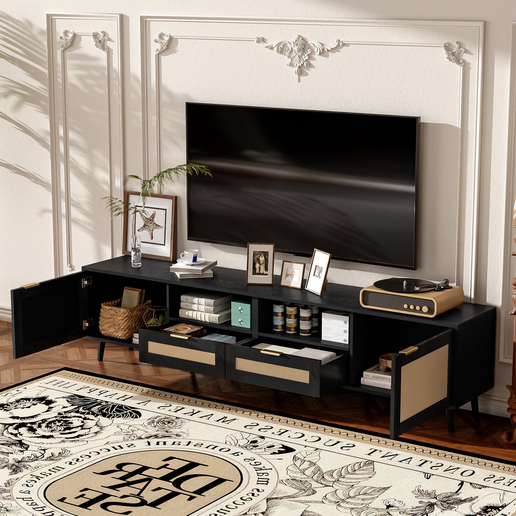 Aukfa Rattan TV Stand for TVs up to 85", Farmhouse Media Console for Living Room Bedroom,Black
