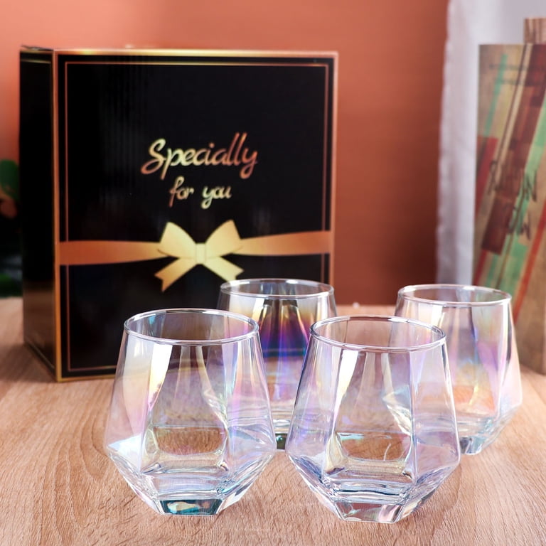 Gutsdoor Stemless Wine Glasses Set of 4, 10 oz Diamond Shaped Wine Glasses, Iridescent Glassware Engagement Wedding Gifts