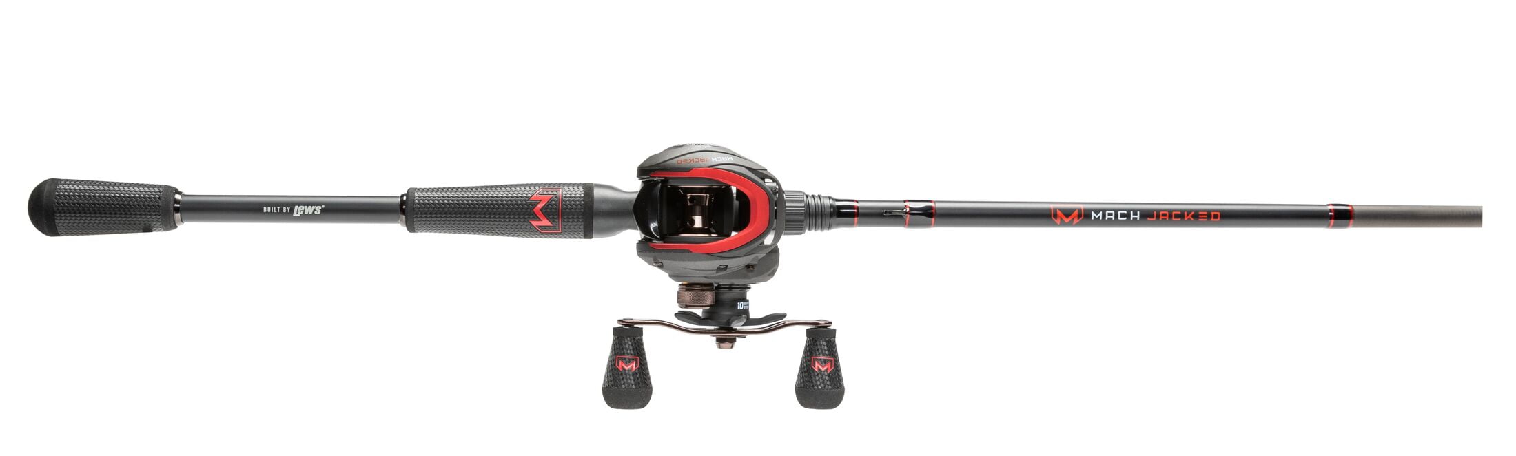 Lew’s MACH Jacked Baitcast Reel and Fishing Rod Combo, 7-Foot 3-Inch Rod, Right-Hand Retrieve, Charcoal/Black/Red