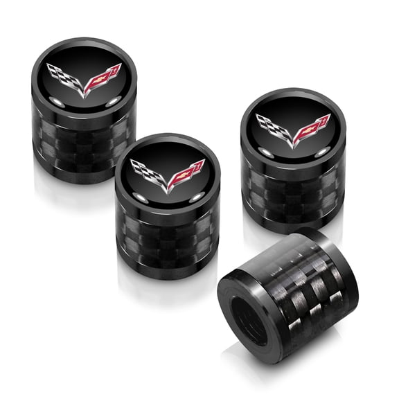 iPick Image for Chevrolet Corvette C7 Logo in Black on Real Carbon Fiber Barrel Black Aluminum Tire Valve Stem Caps, Official Licensed