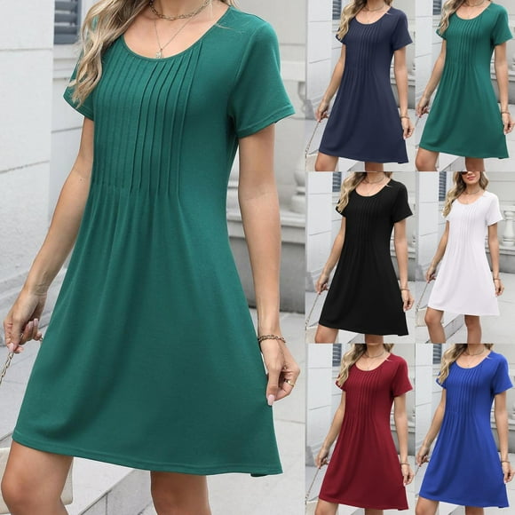 Sentmoon Tropical Dresses for Women Cocktail Short Sleeve Crew Neck Hawaiian Dresses for Women Solid Color Breathable Loose Fit Wedding Guest Dress with Pockets Hawaii for Work Casual M