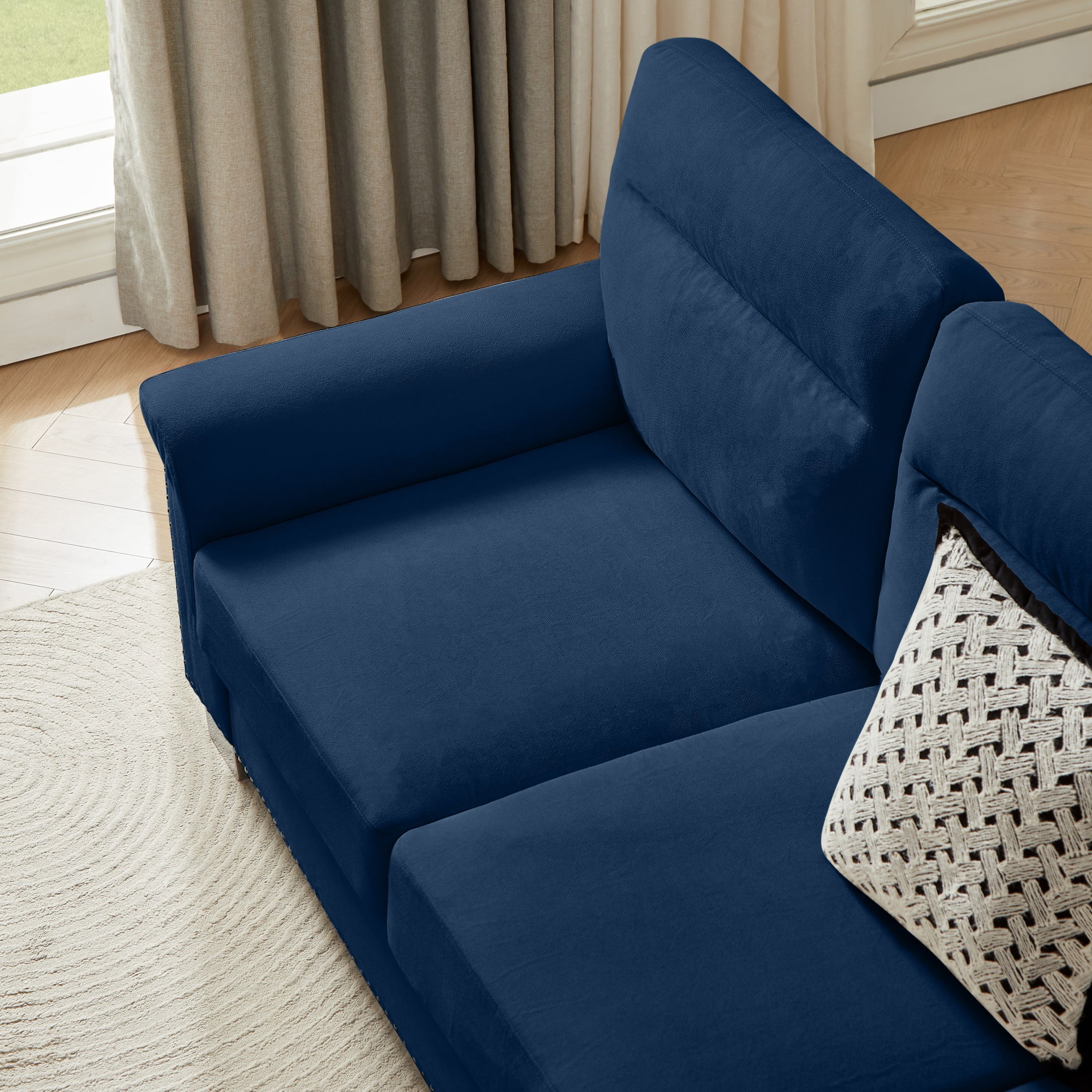 Aukfa 84" Contemporary Sofa for Living Room, Snowfleece 3-Seater Sofa with Naihead Trim, Blue