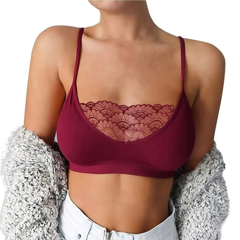 Knosfe Wireless Bra for Women Comfort Cami Lace Bralette Wine Red L 