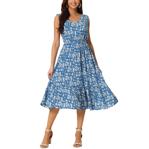 Vestido de verano bohemio para mujer Inspire Chic, con escote en V, estampado floral, midi en capas, casual, azul S