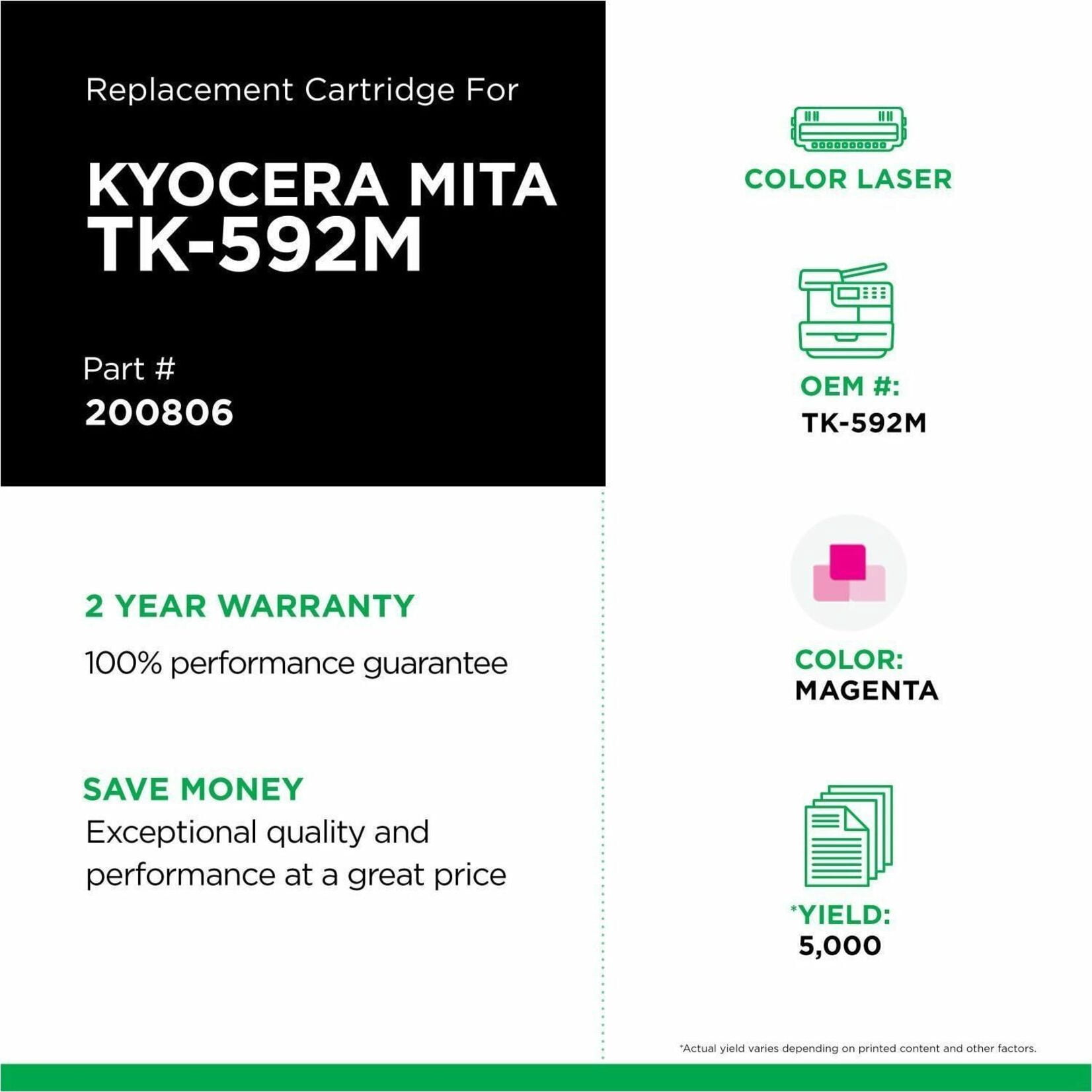 Remanufactured Clover Imaging Non-OEM New Magenta Toner Cartridge for Kyocera TK-592, Kyocera FS-C2026MFP, FS-C2126MFP, FS-C2526MFP, FS-C2626MFP, FS-C5250DN, M6026CDN, M6526CDN, P6026CDN, Toner Cartridge, Magenta
