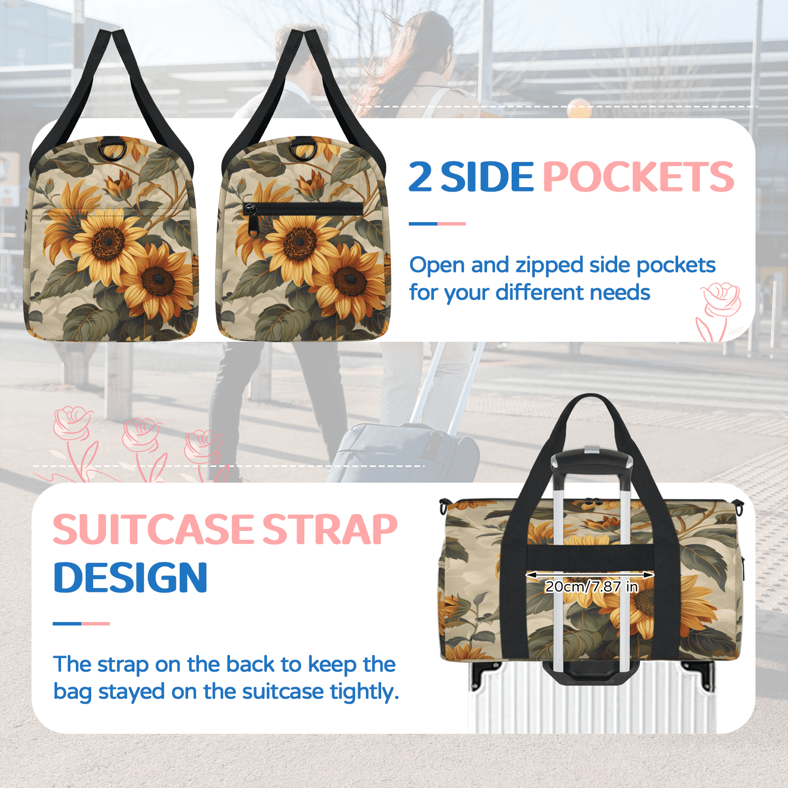 Herdesigns Sunflowers Gym Bag for Women, Duffle Bag for Travel Sport, Floral Lightweight Waterproof Carry on Weekender Dance Yoga Workout Bags