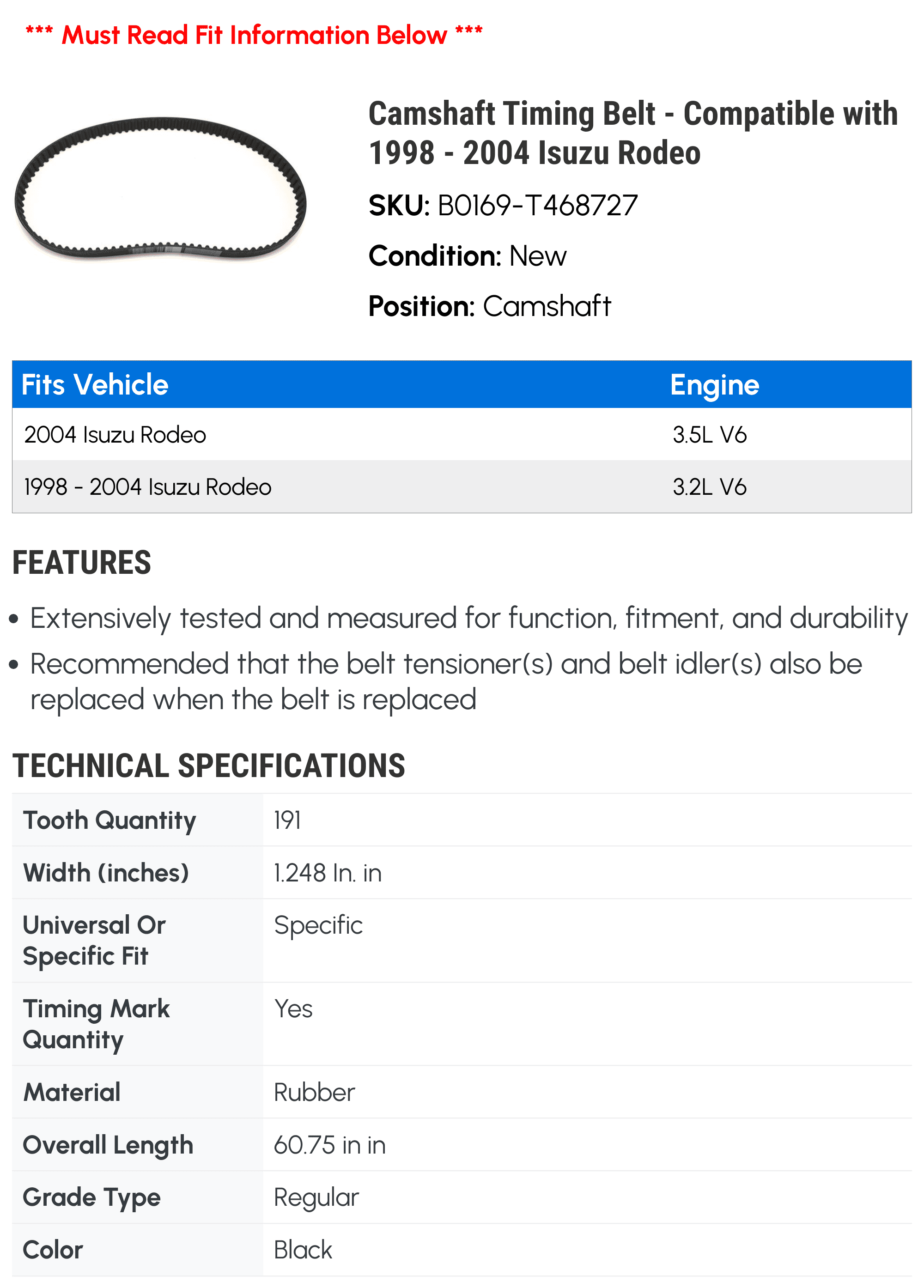 Camshaft Timing Belt - Compatible with 1998 - 2004 Isuzu Rodeo 1999 2000 2001 2002 2003
