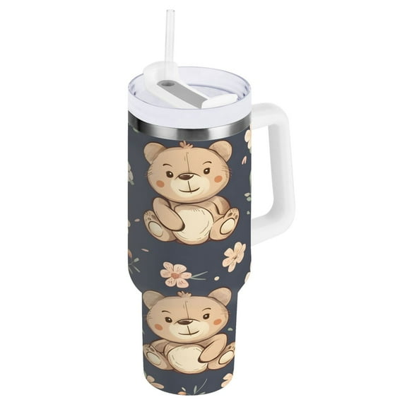 Cute Teddy Bear and Flower Tumbler with Handle and Straw Lid 40 oz Insulated Vacuum Water Bottle Stainless Steel Travel Cup