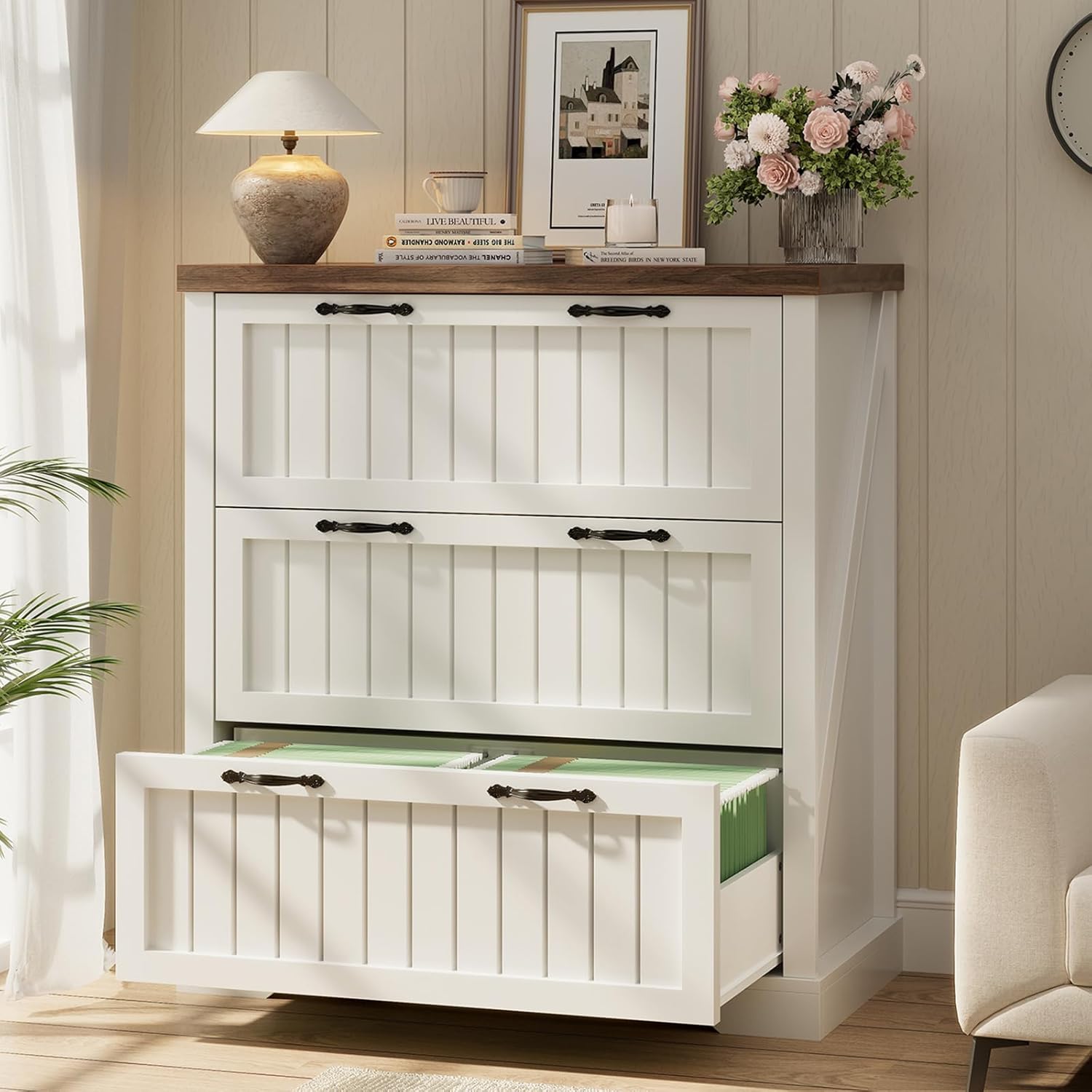 3 Drawer File Cabinet, Farmhouse Filing Cabinet Fits Letter/Legal/A4 Size, Wood File Cabinet with Printer Stand for Home Office, Retro Style for Living Room, White & Brown Top