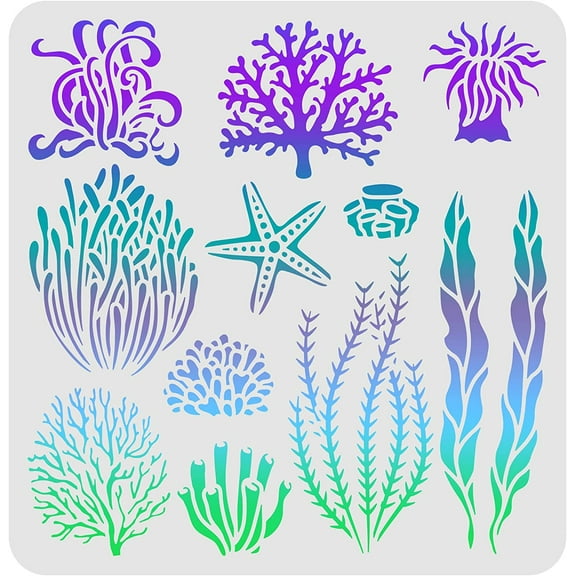 Seaweed Stencil - 11.8x11.8 inch Seagrass Coral Sea Plant & Creatures Ocean Theme for Painting on Wood Tile Paper Fabric Floor & Wall