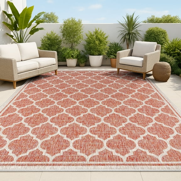 JONATHAN Y SANTA MONICA 5 x 8 Area Rug, Trebol Moroccan Trellis Textured Weave - Red/Beige, SMB109C-5