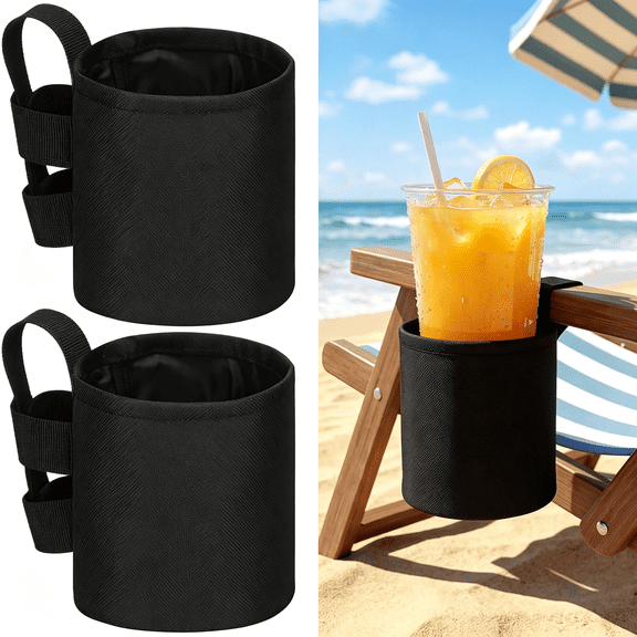 XIBUFE 2 Pack 4.1X3.5In Beach Chair Cup Holder Camping Chair Drink Holder,Portable Universal Water Bottle Organizer Accessories for Outdoor Beach Camping Lawn Fishing Pool Patio Loungers (Black)