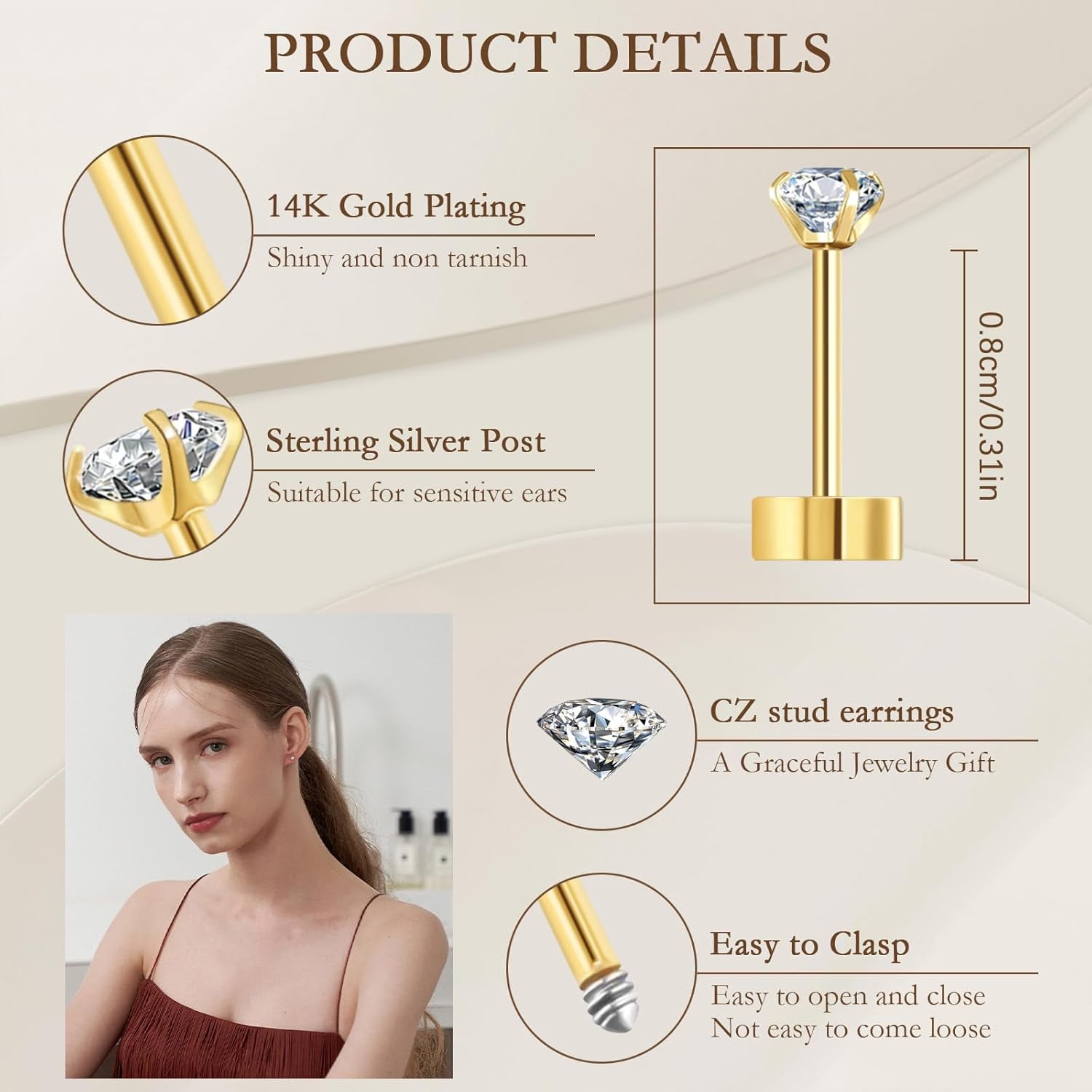 5/6 Pairs Square Clear Cubic Zirconia Stud Earring, 14K Gold Plated Earrings Studs For Women, Stainl Steel Hypoallergenic Small Stud Earrings, Silver Stud Earrings[Z2782]
