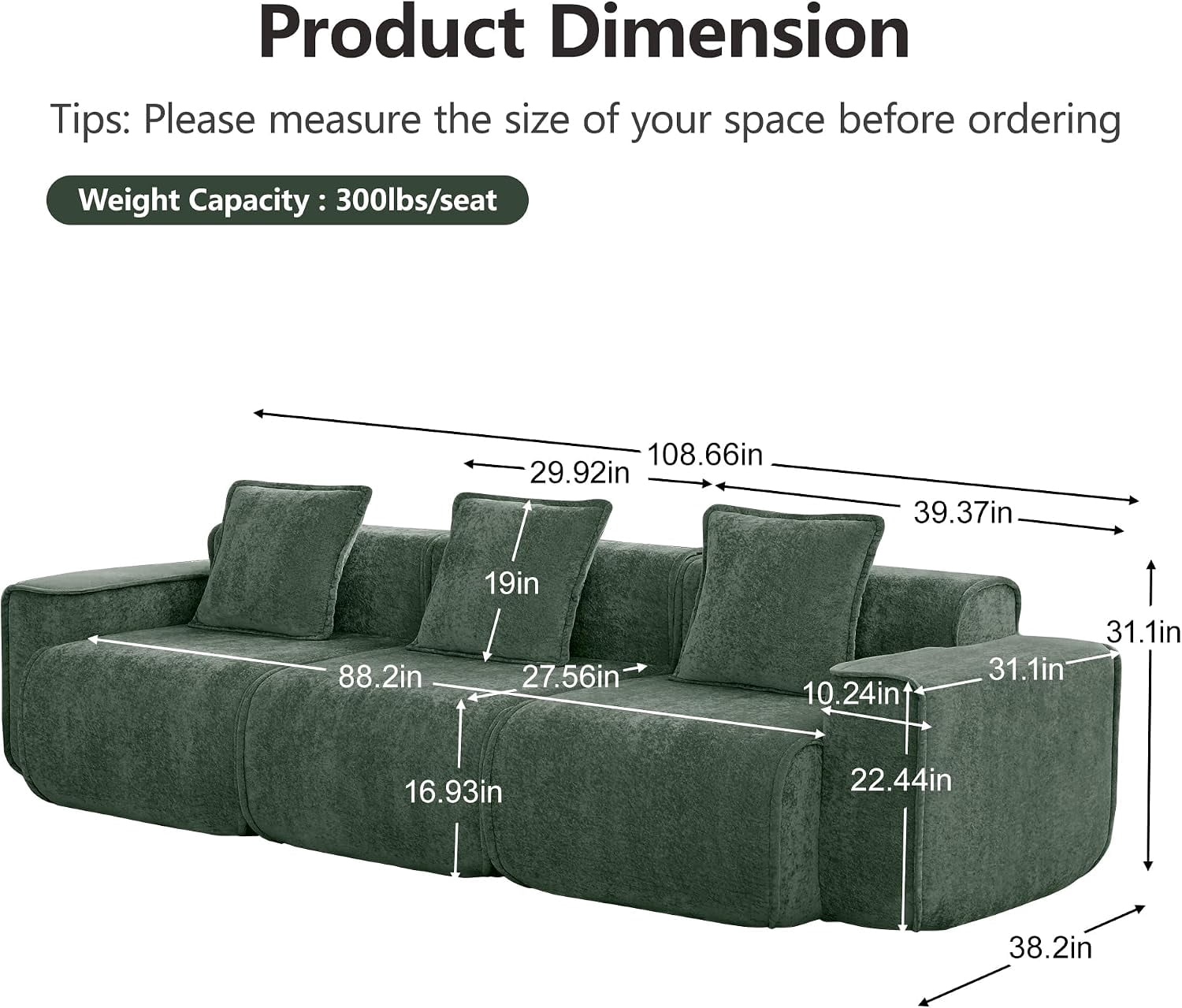 109" 3-Seat Modular U-Shaped Sectional Sofa, Green Velvet with Throw Pillows, No Assembly Required