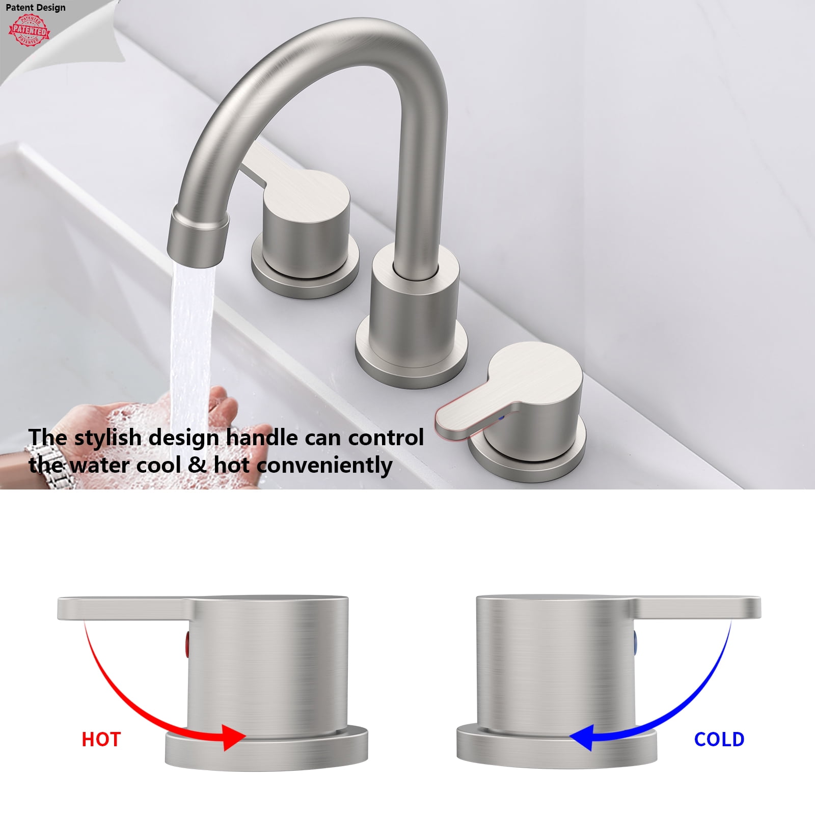 Widespread Bathroom Sink Faucet Brushed Nickel 2 Handle 8 inch 3 Hole 360°Swivel Spout Vanity Sink with Pop Up Drain Assembly