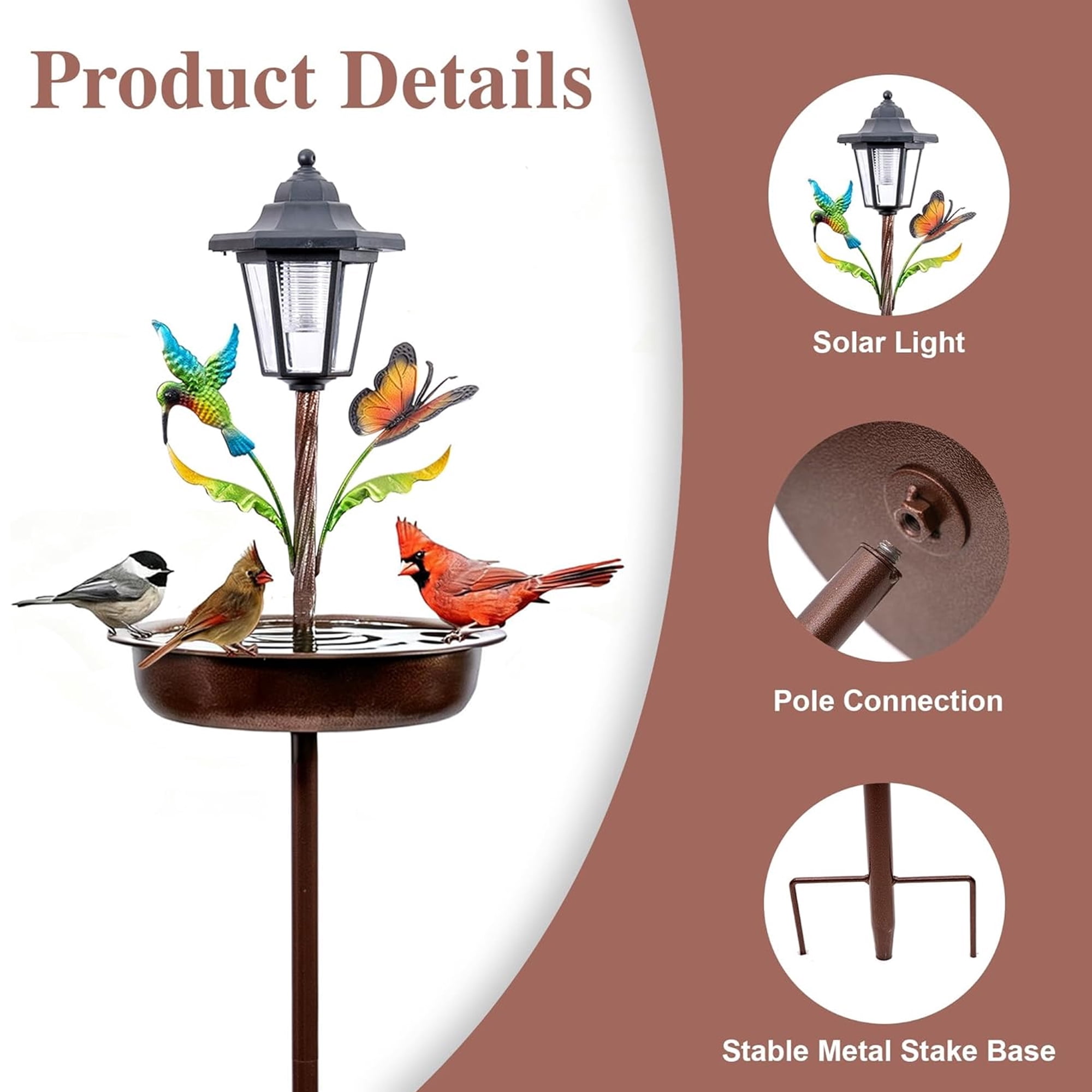 COCOBELA Bird Bath for Outside, 42In Vintage Freestanding Birdbaths with Solar Light for Outdoors, Double Metal Bird Bath Feeder Bowls for Garden Patio Yard Lawn Decor