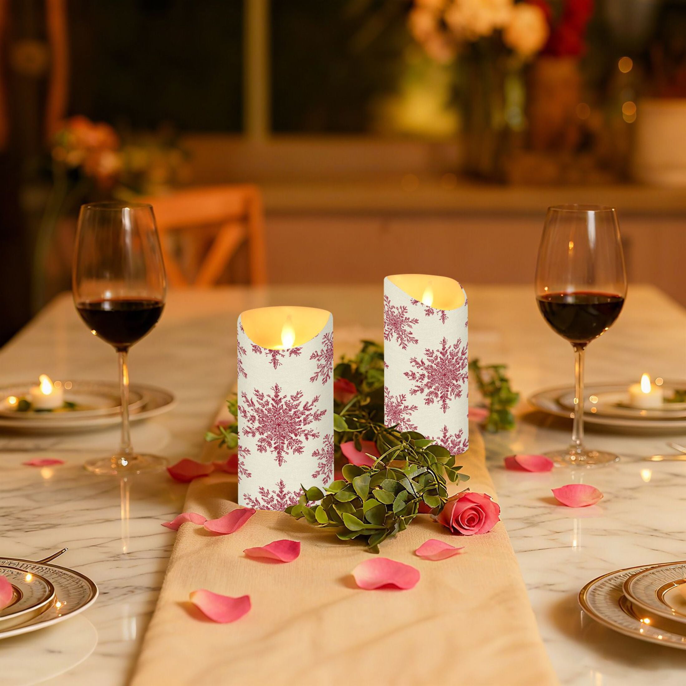 2 PCS Tilted Flameless Candles Flickering LED Lights Battery Operated Candles with Remote Timers for Holiday Decor Elegant Red Snowflakes Pattern