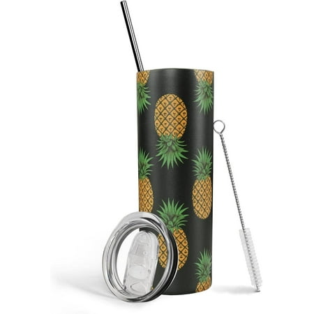 

Pineapple Tumbler With Lid and Straw Stainless Steel 20oz Pineapple Skinny Tumbler Insulated Pineapple Cups Upside Down Pineapple Decor Water Bottle Coffee Mug Travel Tumbler Pineapple Gifts for Women