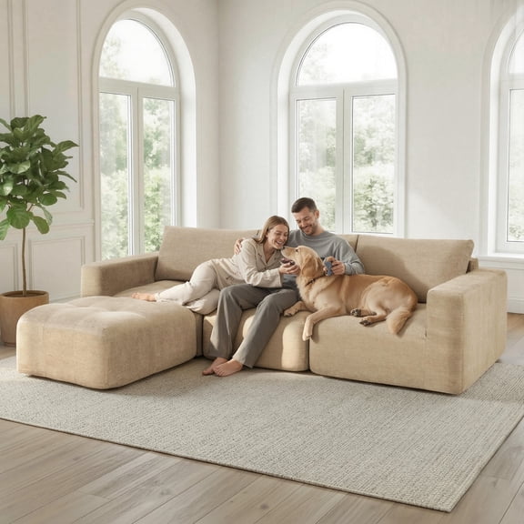 MCombo 121" L Shaped Compressed Sectional Sofa Couch with Ottoman, No Assembly Required, Light Brown