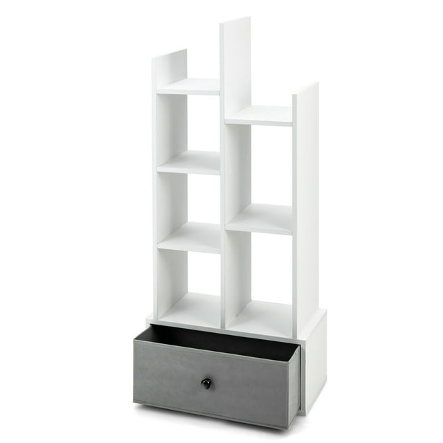 Patiojoy Tree Shaped Bookcase with Drawer Free Standing Bookshelf with 7 Open Storage Shelves Tall Display Rack with Bookshelves White