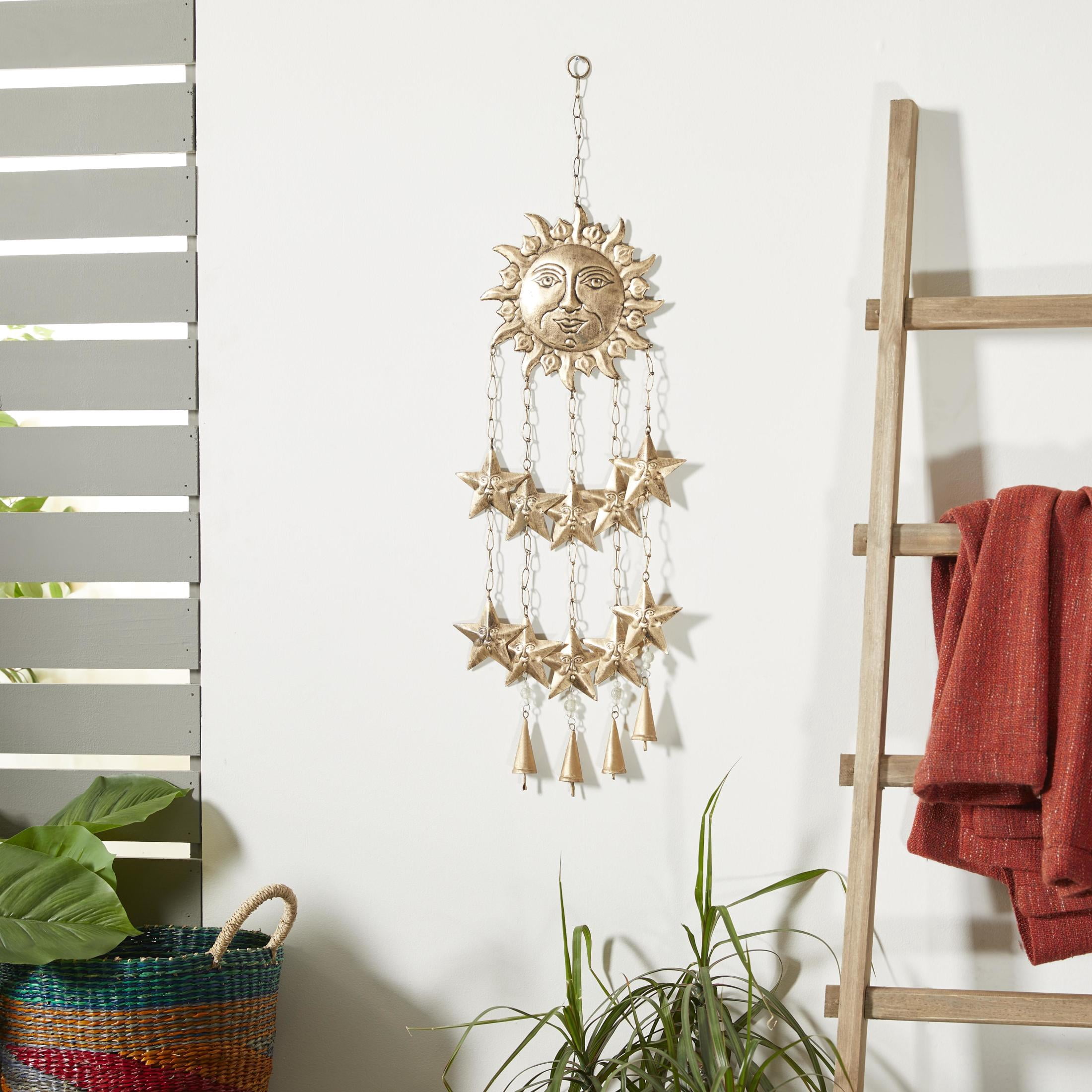 DecMode 35" Gold Metal Handmade Sun and Star Windchime with Glass Beads and Cone Bells