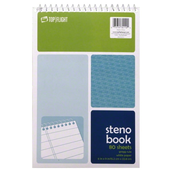 TOP FLIGHT 4600948 Steno Pad, 6 in L x 9 in W Sheet, Rule Sheet, 80