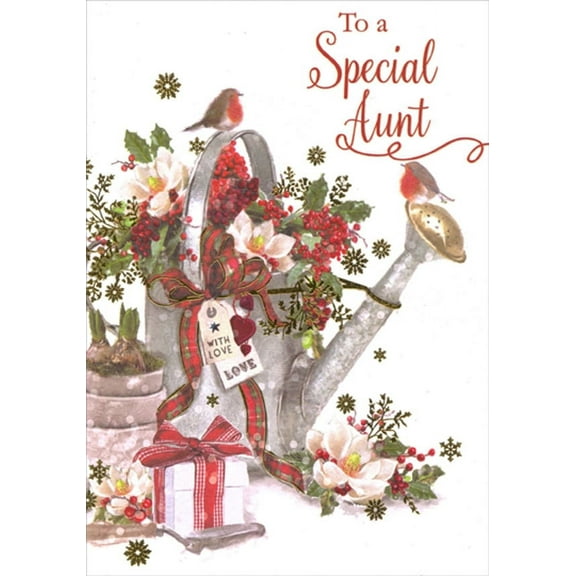 Designer Greetings Watering Can Filled with Flowers : 2 Small Birds Aunt Christmas Card