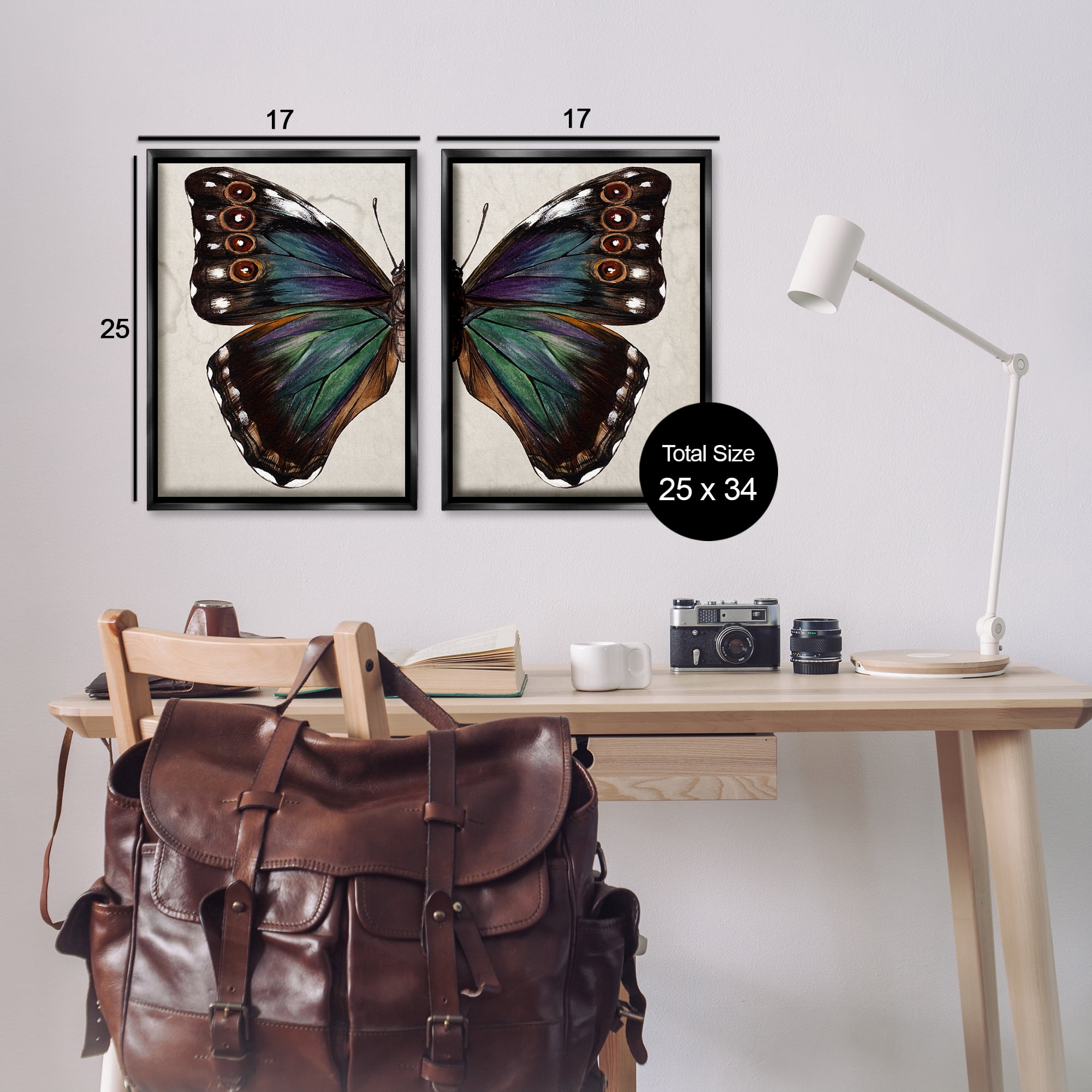 Stupell Industries Colorful Purple Green Butterfly Animals Painting Black Floater Framed Canvas Art Print Wall Art, 17 x 25, Set of 2