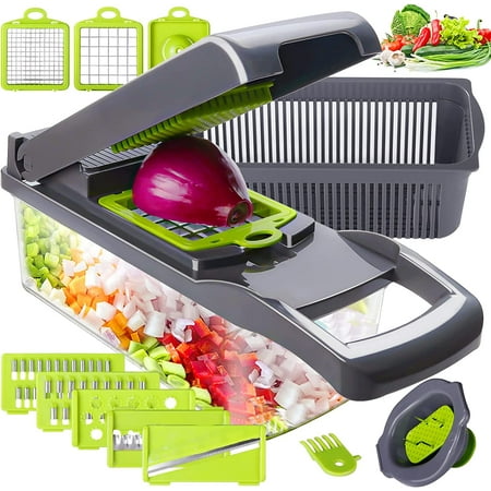 

Vegetable Chopper Prouneed Multifunctional 13-in-1 Food Choppers Onion Chopper Vegetable Slicer Cutter Dicer Veggie chopper with 8 Blades Colander Basket Container for Salad Potato Carrot Garlic