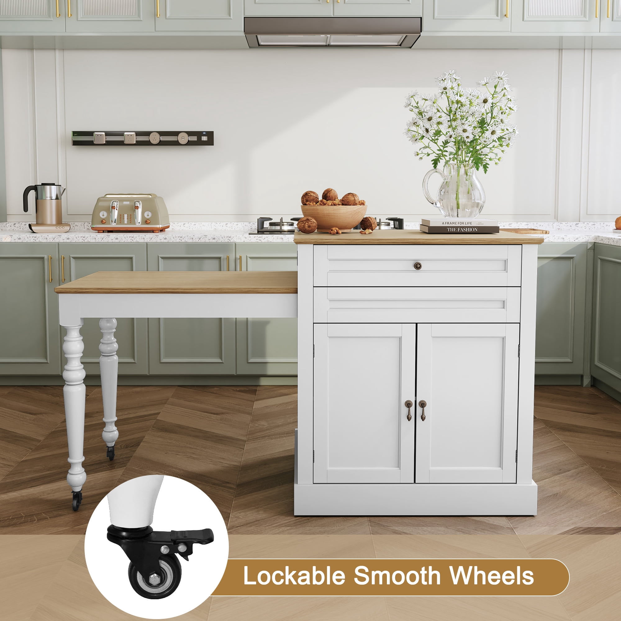 HLR 78.74" Mid-Century Extendable Kitchen Islands on Wheels with Roman column legs, Dining Table Cart with Storage, White