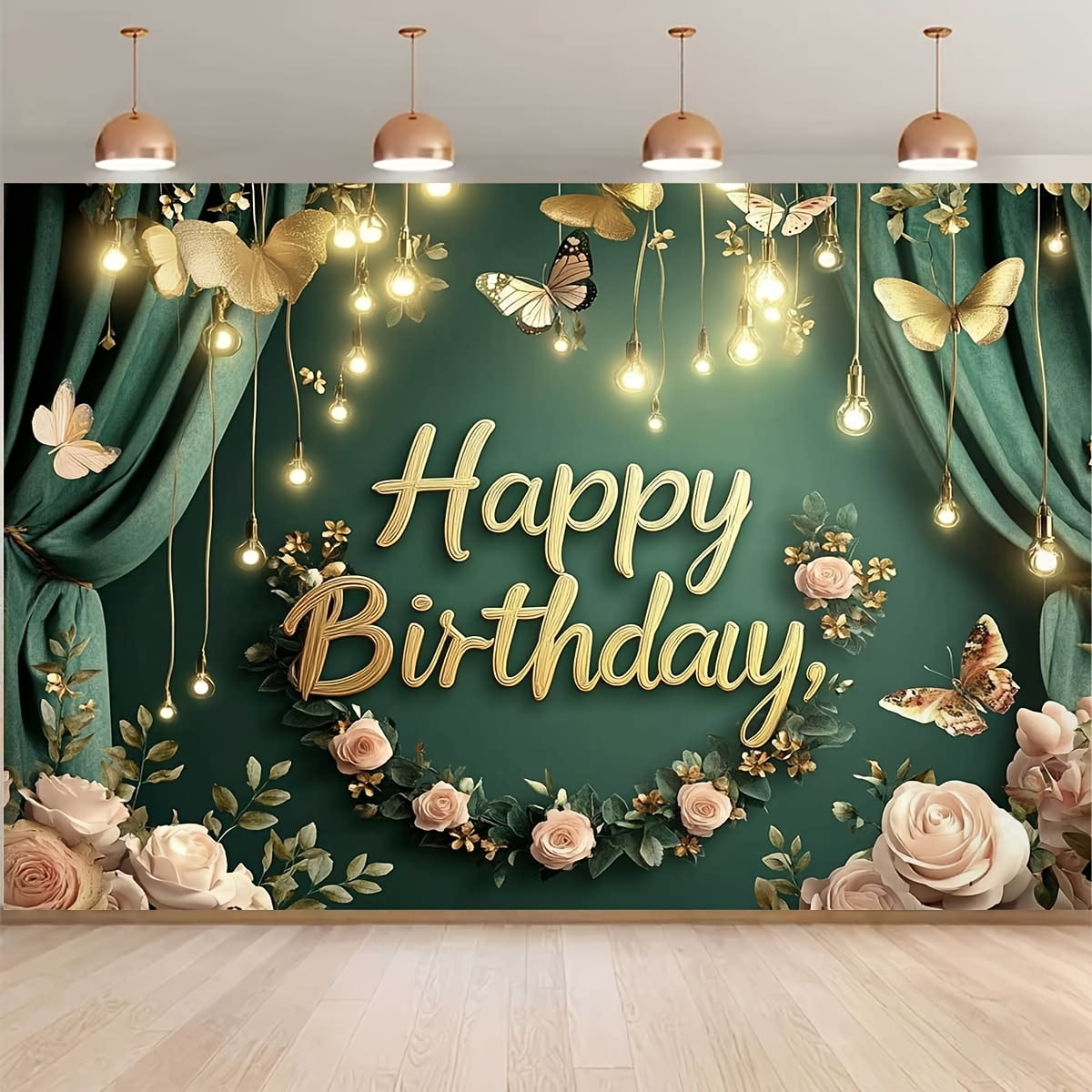 7x5ft Green Happy Birthday Backdrop - Golden Heels & Champagne Glitter Sequin Photo Background