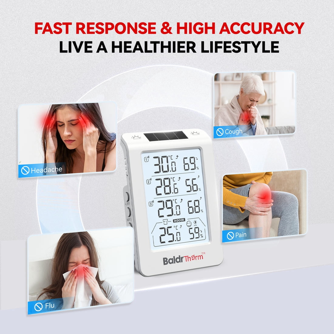 BaldrTherm Three Channel Thermo-Hygrometer, Wireless Temperature & Humidity Monitor, 3 Sensors Included
