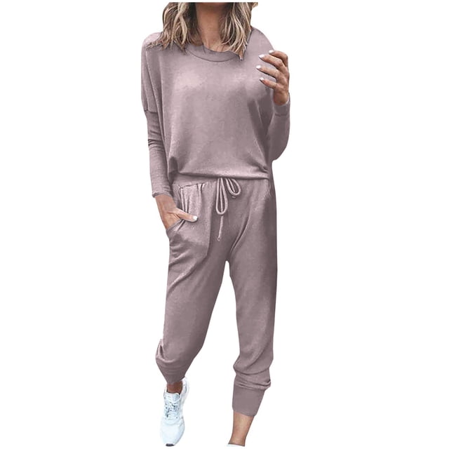 Mrat Club Outfits for Women 2 Piece Jogging Sets Solid Polyester Long Sleeve Sweatsuits Sets Two Piece Track Suits Drawstring High Waist Pants Set Comfy Outfits N-Rose Gold S