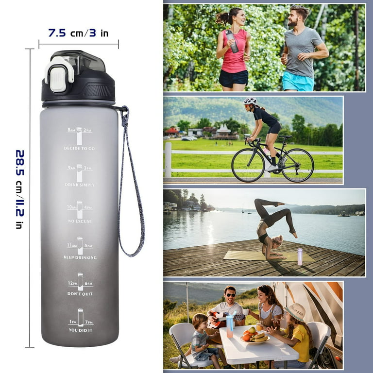1 Litre Water Bottle with Straw, Time Markings Motivational Sport