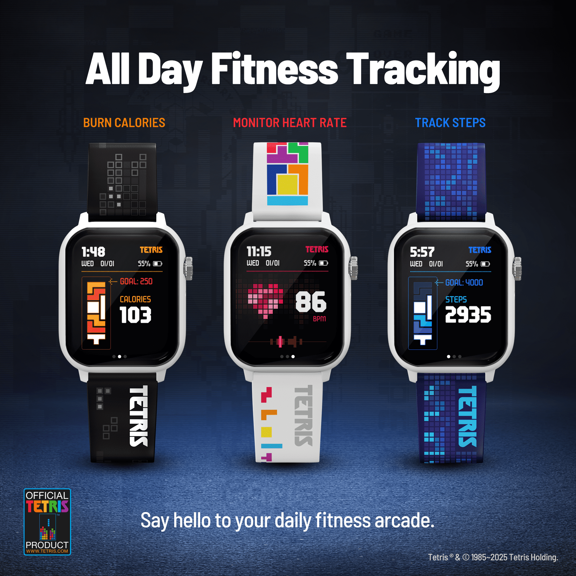 Tetris™: My Play Watch – Retro Gaming Smartwatch with Selective Tech, Non-Connected, Built-in Tetris™, Custom Watch Faces, Classic Arcade Sound, Heart Rate & Fitness Tracker, IP67 Water Resistant.