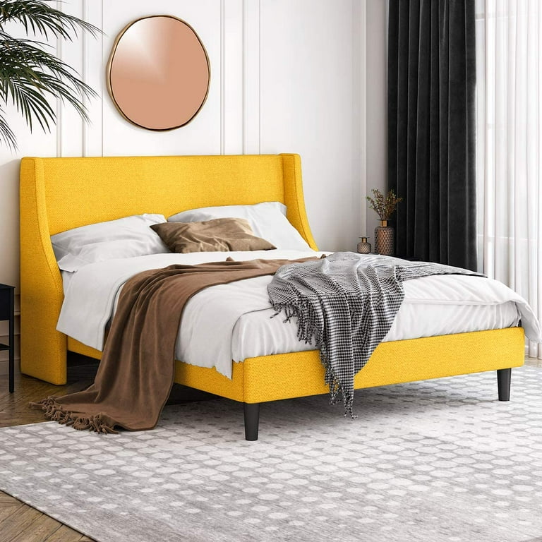 Queen Size Fabric Wingback Platform Bed with Headboard Light Yellow